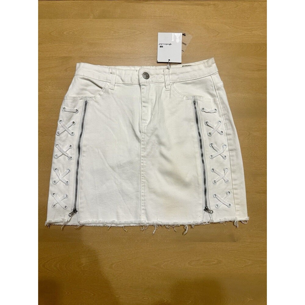 I&M Jeans Y2K Moto Festival Lace Up Zip Mini Skirt White Denim Raw Hem L NWT